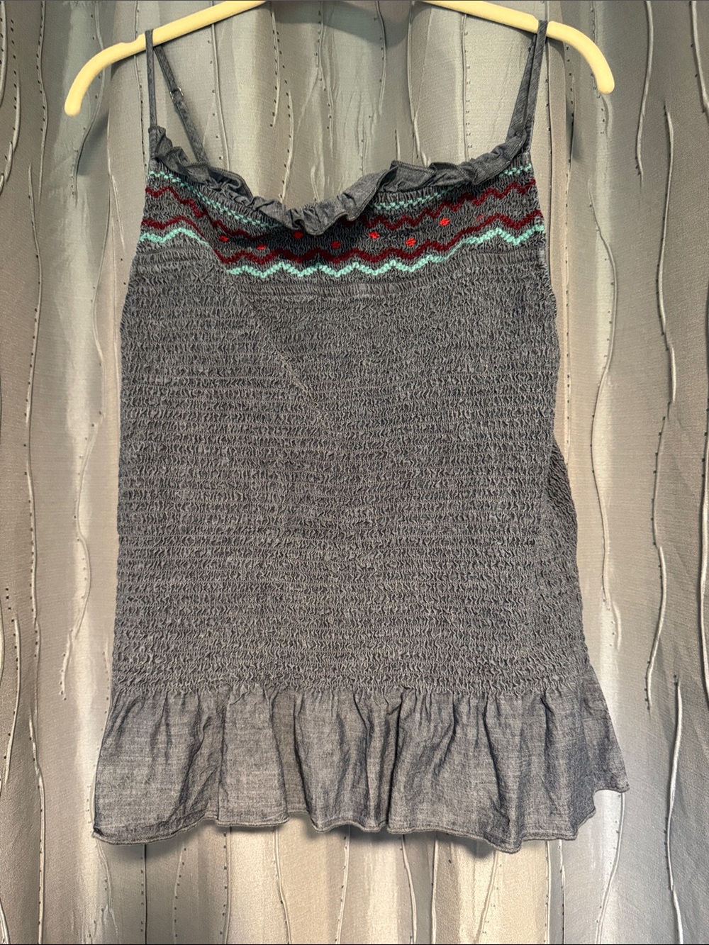 Anthropologie Gray Smocked Spaghetti-Strap Camisole with Embroidered Yoke